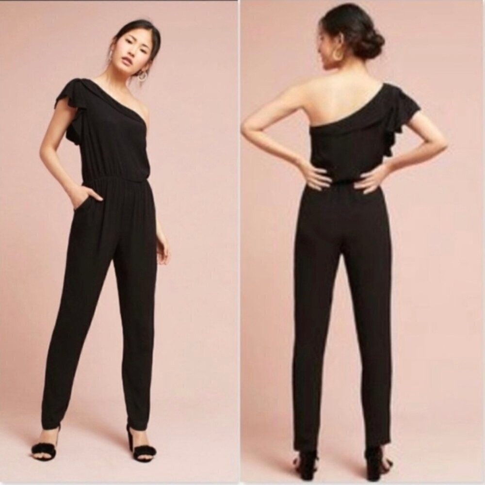 Greylin Ruffled One Shoulder Jumpsuit Black Size Medium
